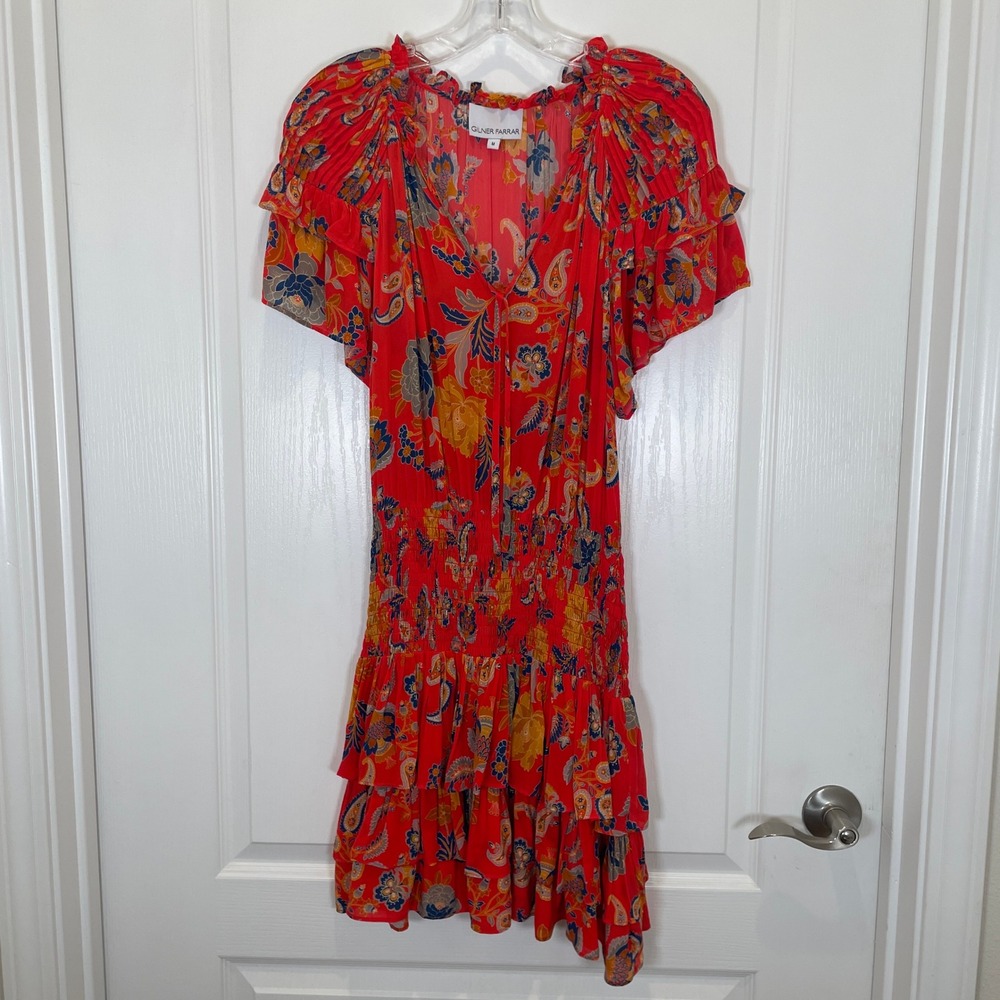 Gilner Farrar Zoe Dress Red Floral Paisley Smocked Mini Boho Ruffle Tiered M